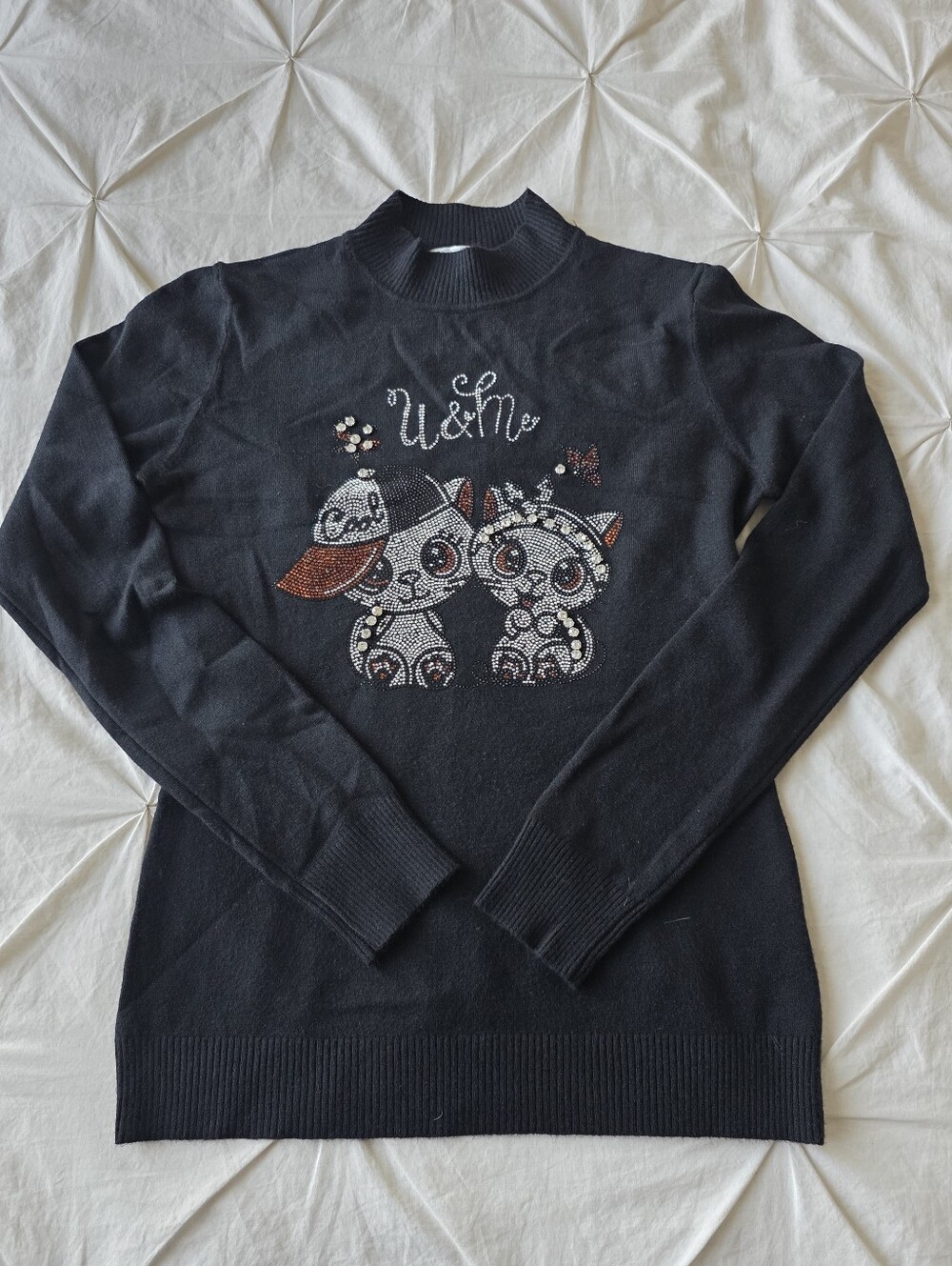 NWOT AZ Black Rhinestone Cat Sweater Kawaii Mock Neck Pullover